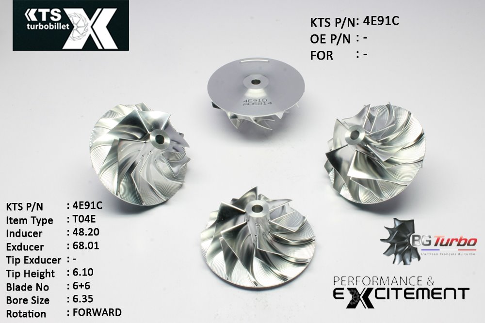 Turbo ROUE FORGÉE MFS PERFORMANCE - 6+6 PALES - INDUCER : 48,2 - EXDUCER : 68,01 - TYPE : T04EANGLE : 60° - ROTATION : Forward - SUPER BACK : 2,9 - BORE SIZE : 6,35
